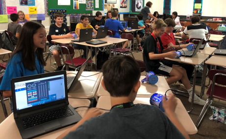 Students using the RoboBlockly software within the classroom