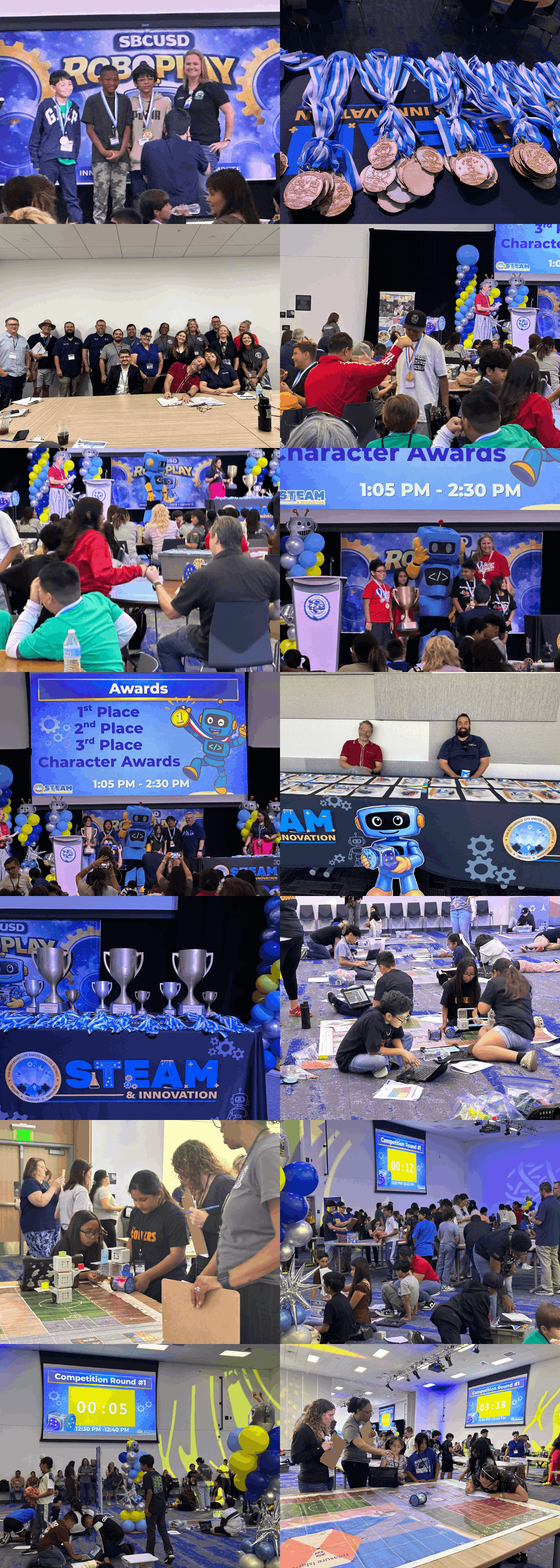 A collage of photos from the SBCUSD RoboPlay competition, showing students competing on game boards, receiving medals and trophies, and an awards ceremony with 1st, 2nd, 3rd place, and Character Award categories.