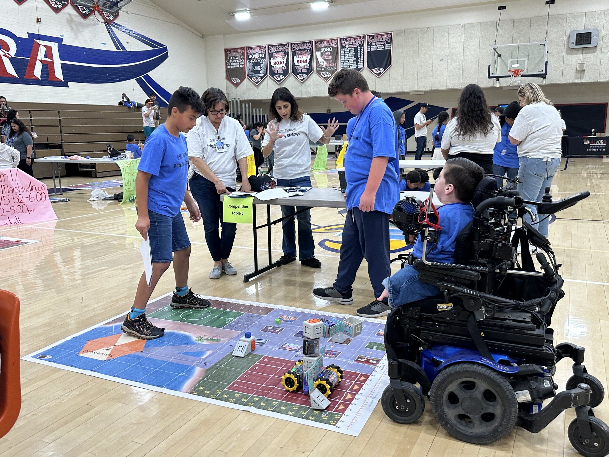group of students programming a robot