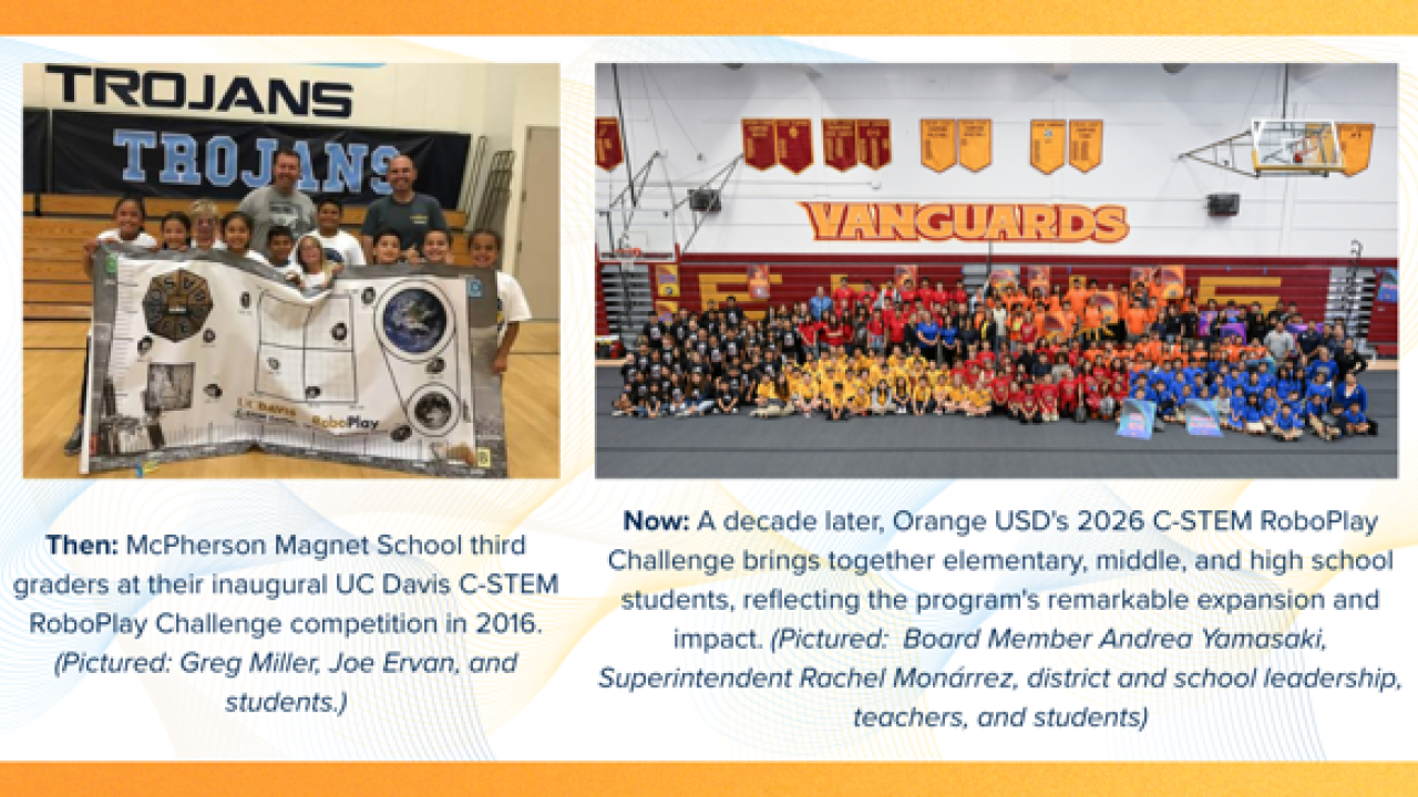 Banner graphic and team photo showing competition robots and orange and blue team 